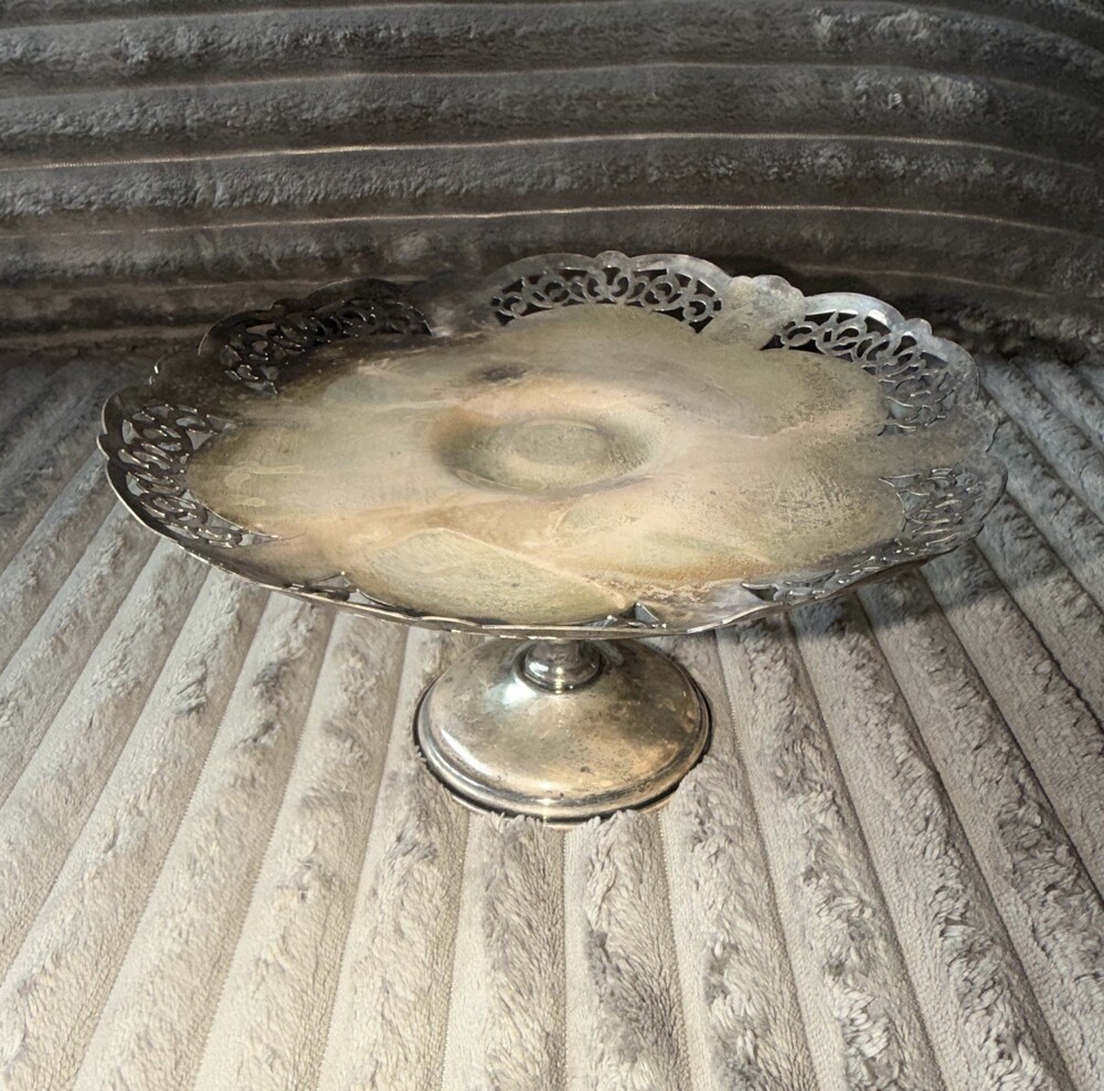 B. M. Mts Copper SP Metal Round Pedestal Cake Stand Compote with Pierced Rim